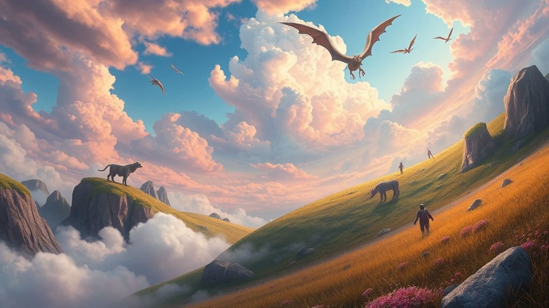 art numérique paysage surréaliste scène onirique créatures fantastiques cieux nuageux dégradés vifs