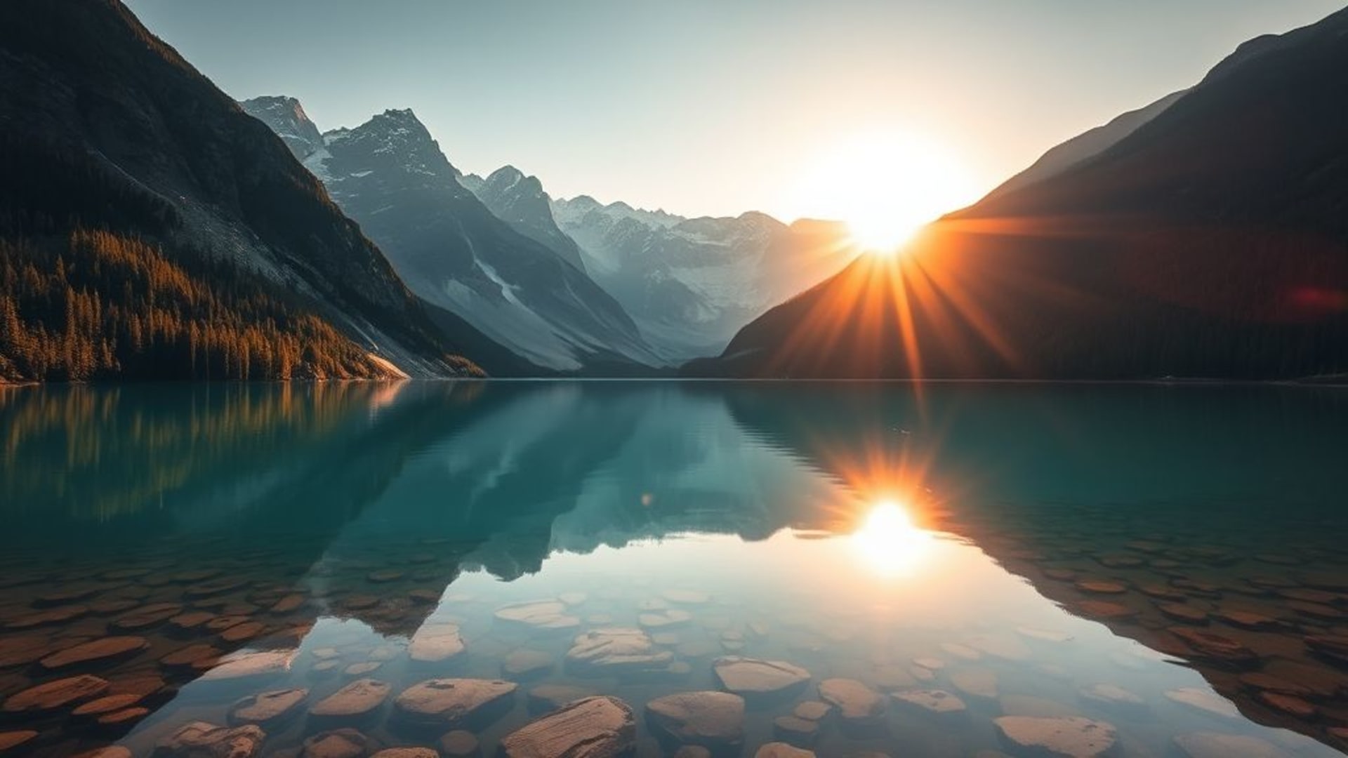 reflet du lac de montagne eaux calmes montagnes turquoise soleil couchant fond d'écran nature