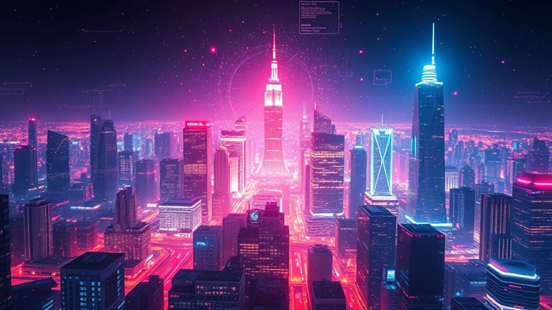 Texture numérique néon glitch éclat particules paysage urbain fond d'écran futuriste art low poly