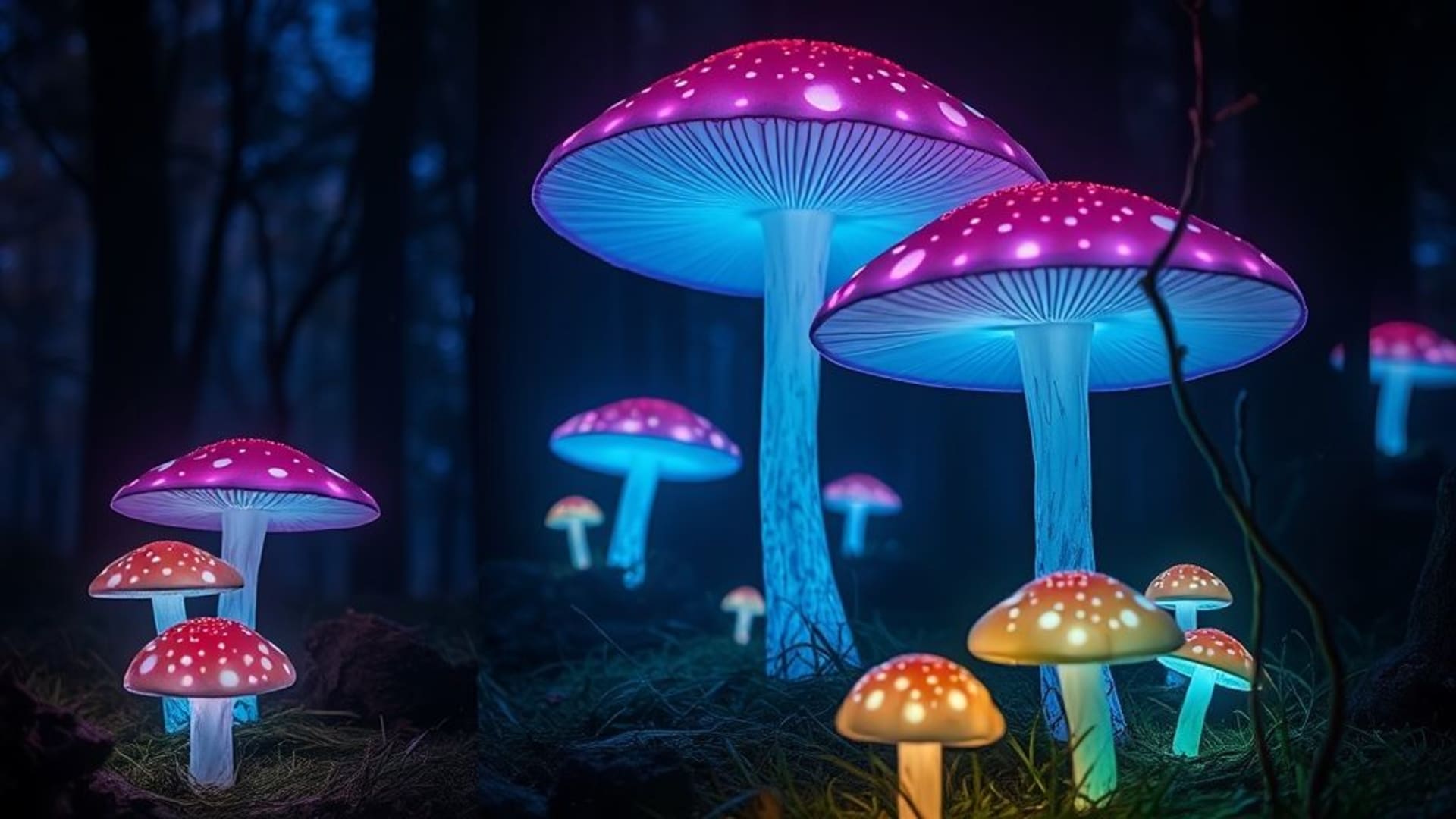 Champignons luminescents dans une forêt magique fantastique fond ecran lumière éthérée nuit bioluminescente