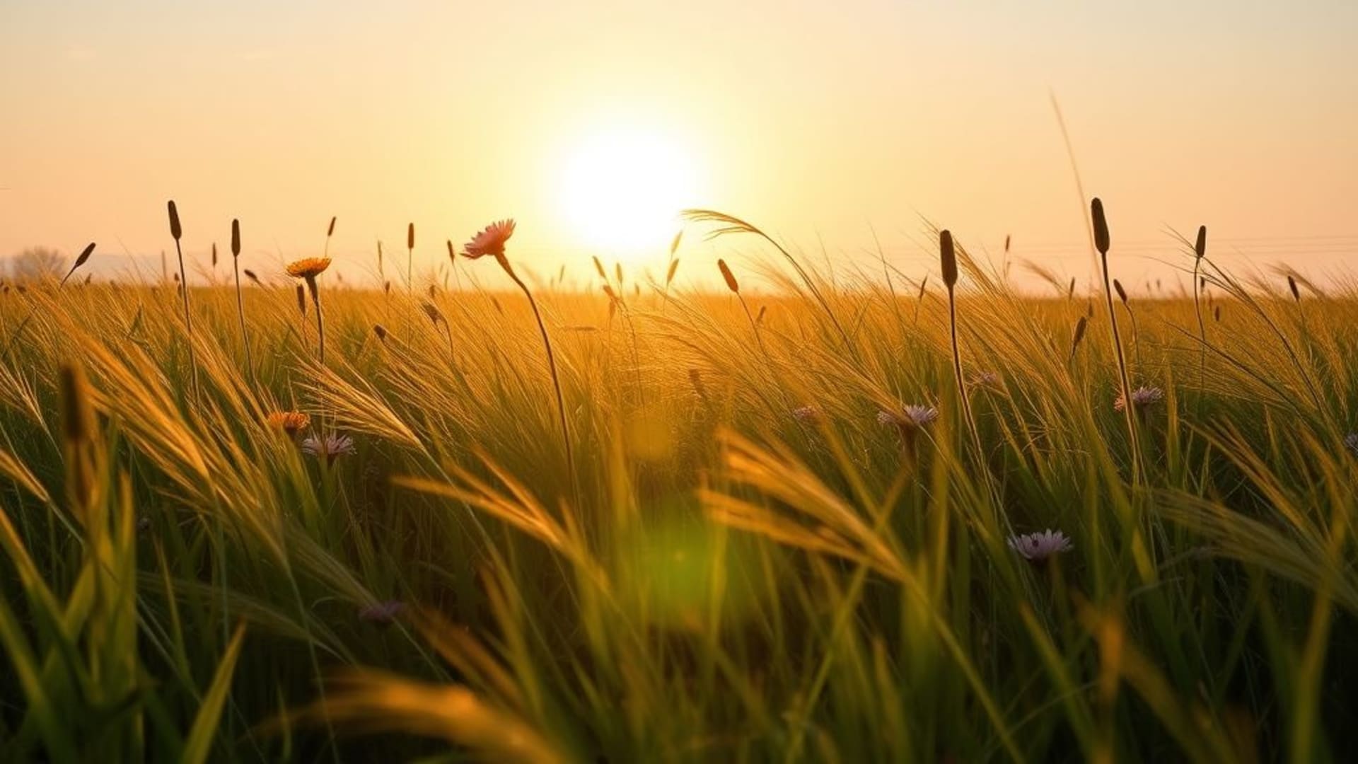 praire ensoleillée fleurs sauvages vent doucement bougeant l'herbe fond ecran nature calme