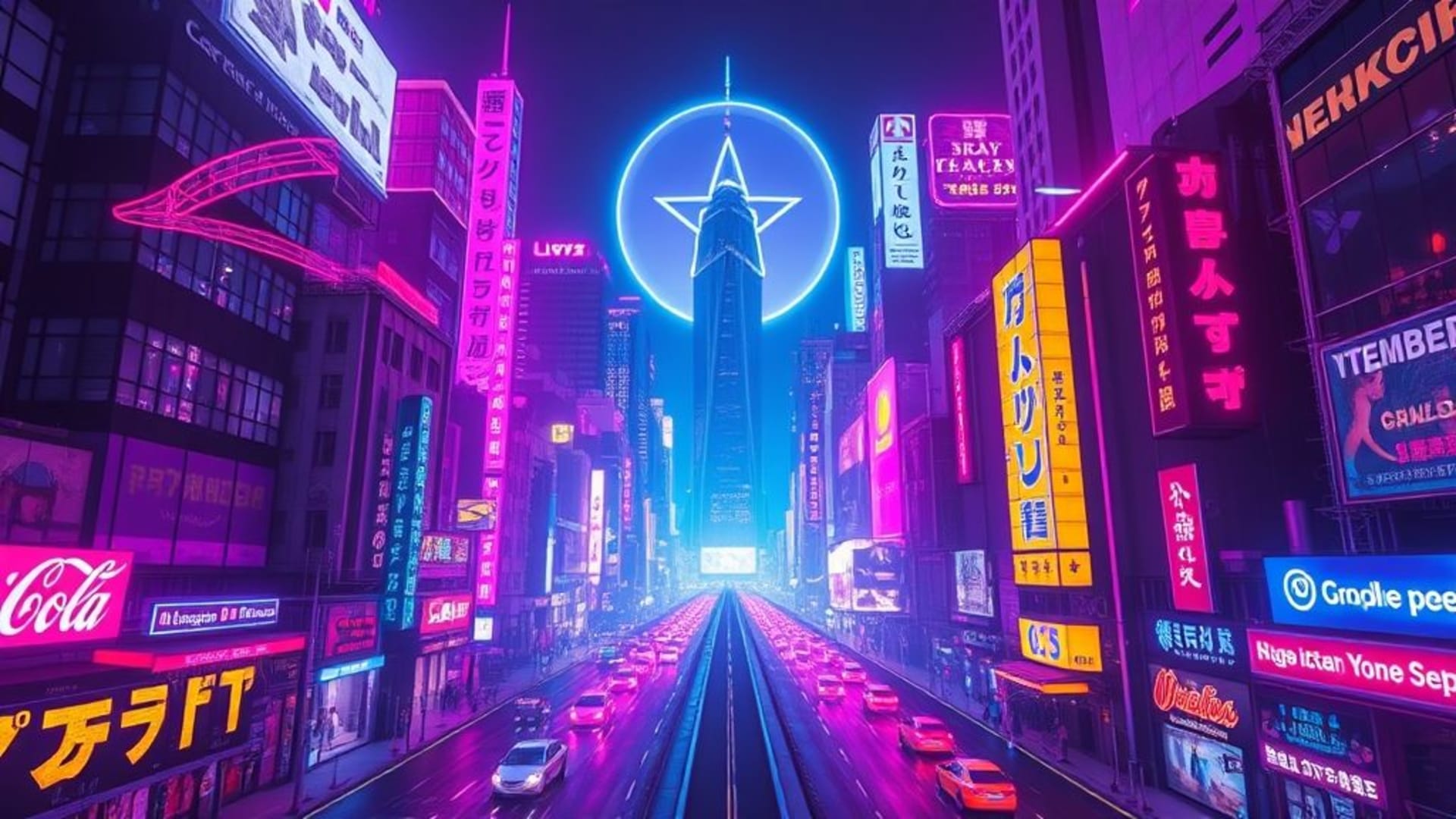 ville cyberpunk néon rétro futuriste grande projection holographique ambiance vaporwave fond d'écran