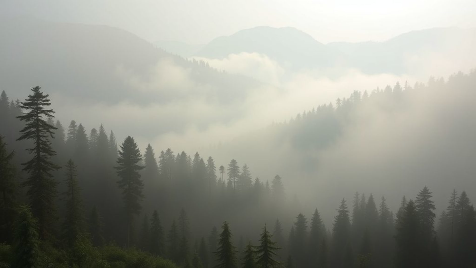 brumeux matin dans la forêt brouillard montagnes sereines paisibles paysage naturel fond d'écran