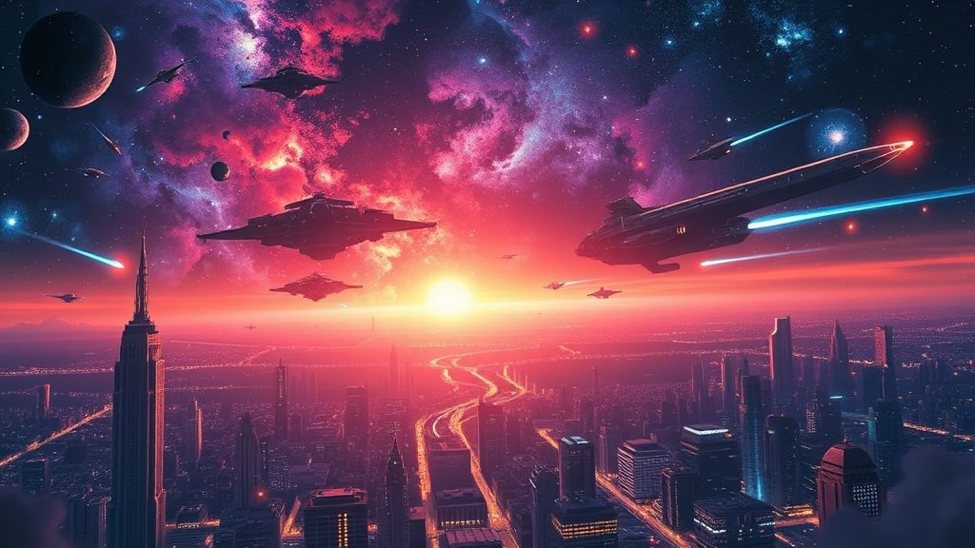 opéra spatial d'anime combat cosmique vaisseaux nuage de gaz ville sci-fi fond d'écran