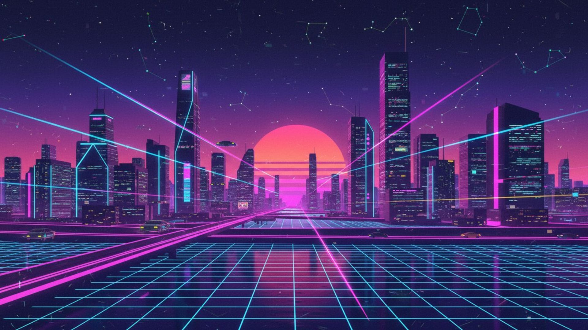 fond d'écran vaporwave néon rétrofuturiste au style anime, avec horizon urbain au crépuscule et grille