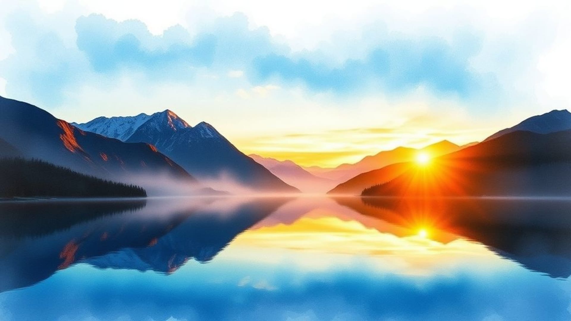 la nature peinture à l'aquarelle montagnes lac reflet lever de soleil heure dorée fond ecran lueur