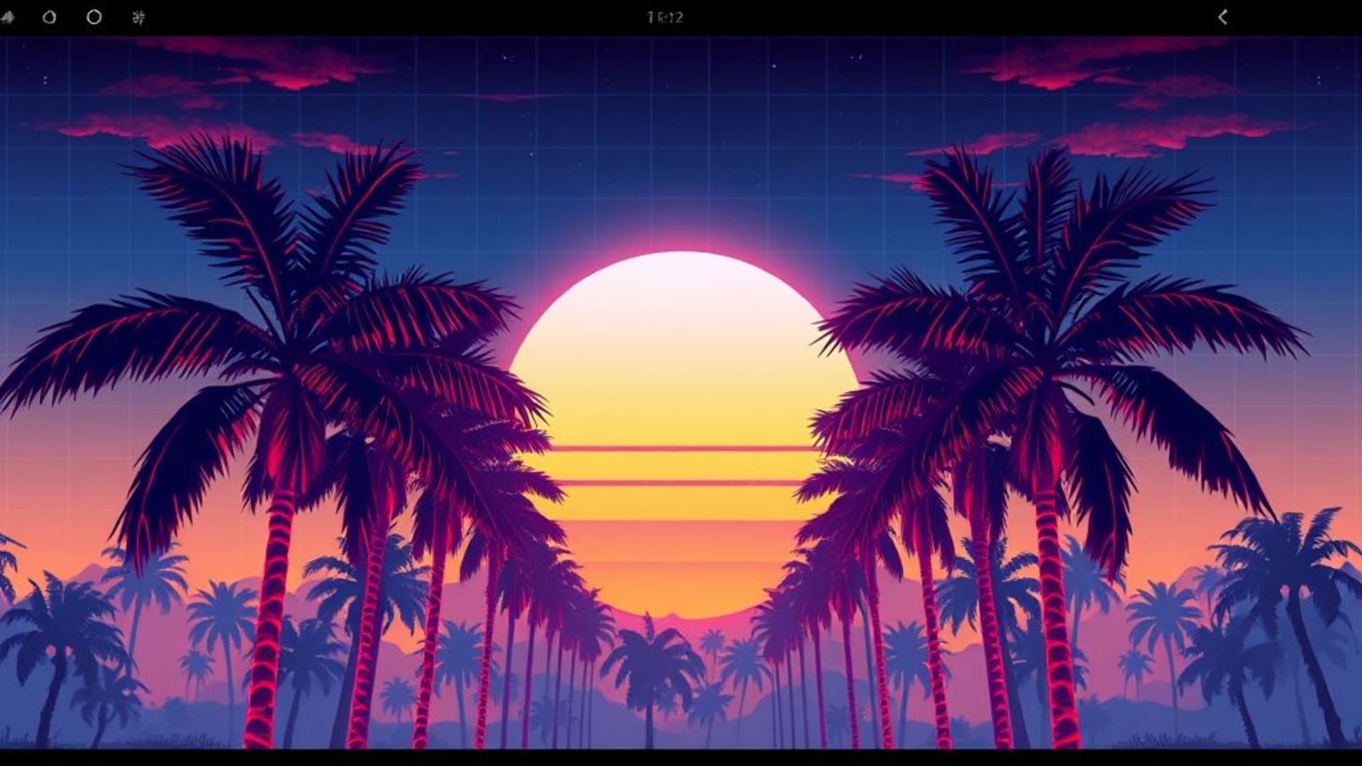vaporwave rétro synthwave grille néon palmiers coucher de soleil fond d'écran lueur