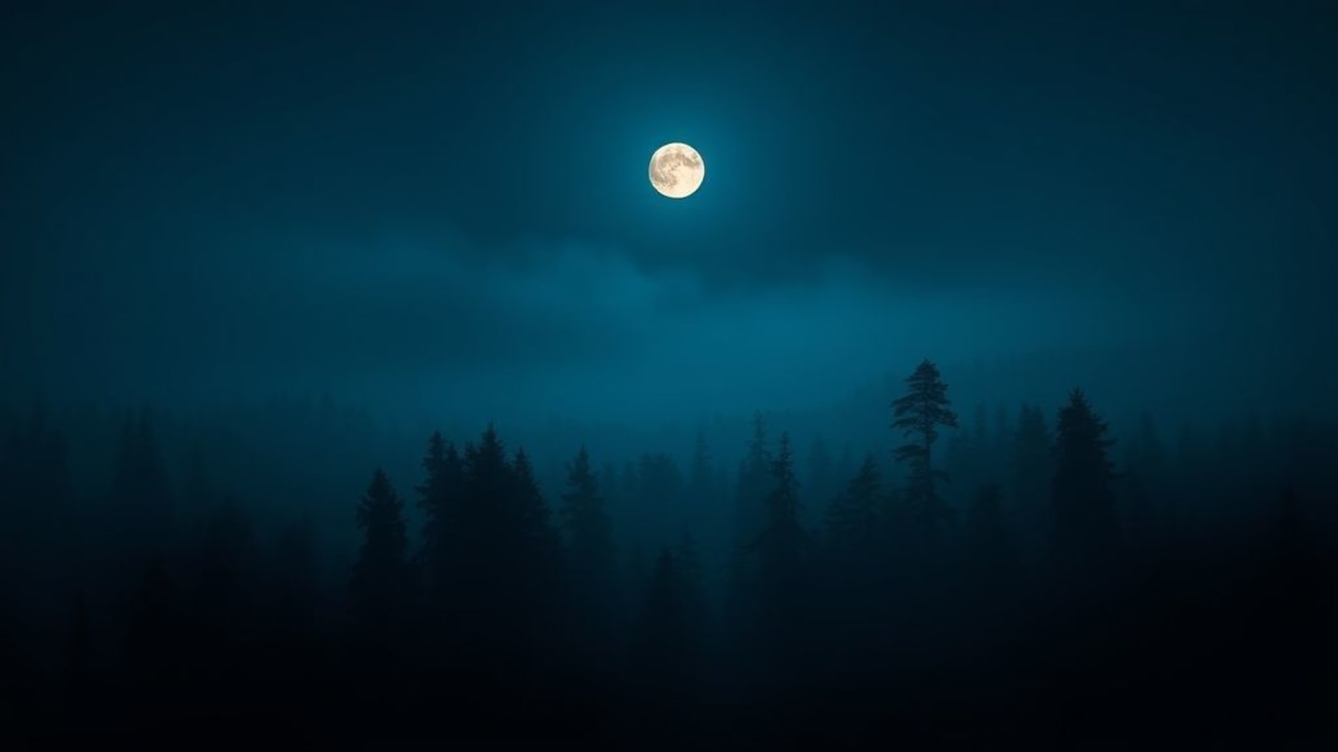 Nuit dans la forêt brouillard clair de lune silhouette arbres tons froids fond ecran minimaliste