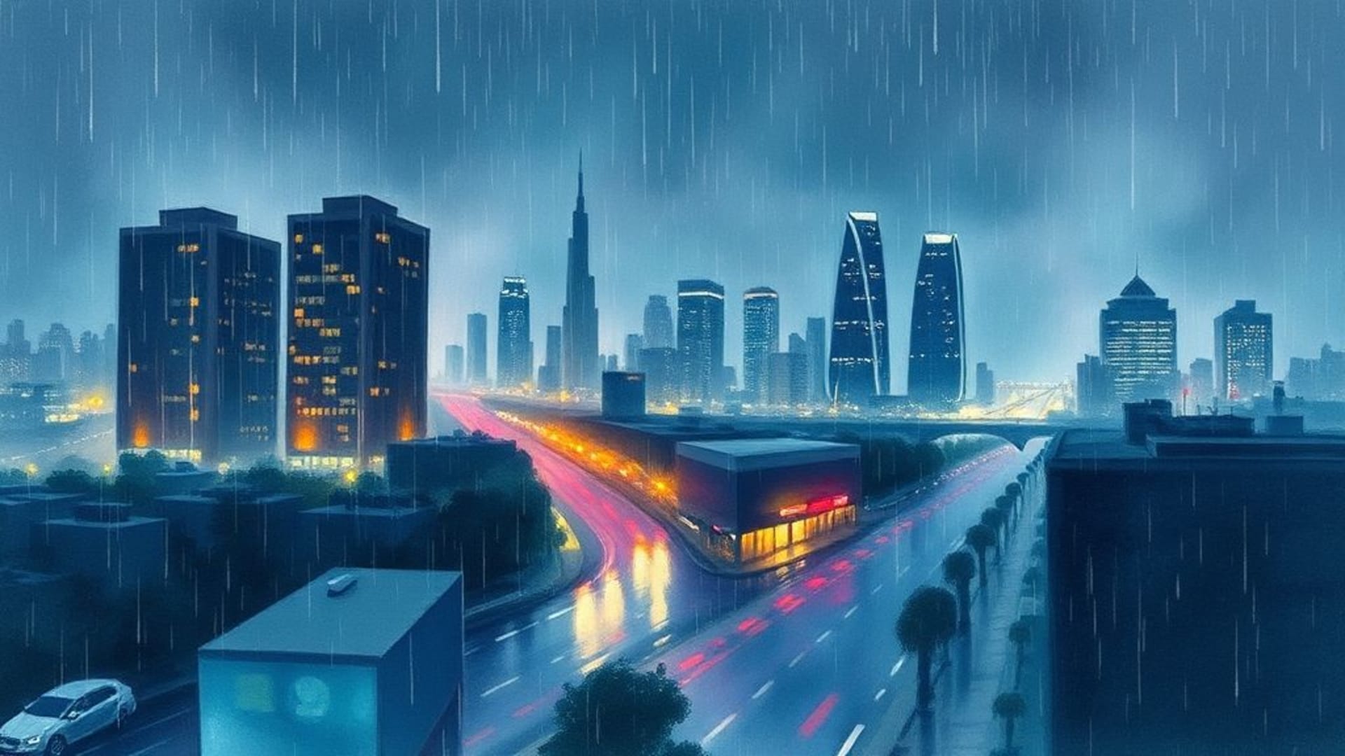 Paysage urbain pluvieux en aquarelle avec des coups de pinceau, ambiance mélancolique, fond d'écran nocturne avec néons