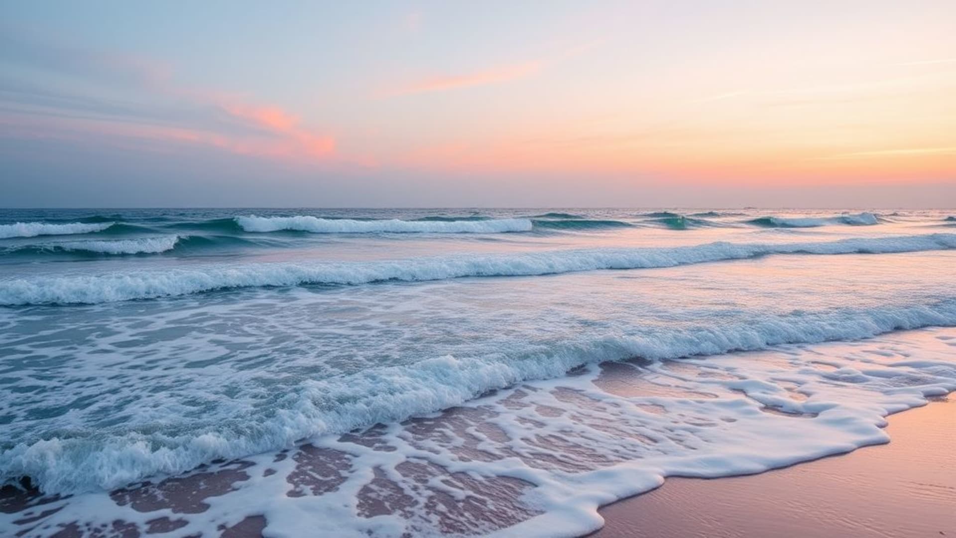 vagues de l'océan plage coucher de soleil horizon paysage marin couleurs pastel douces fond d'écran