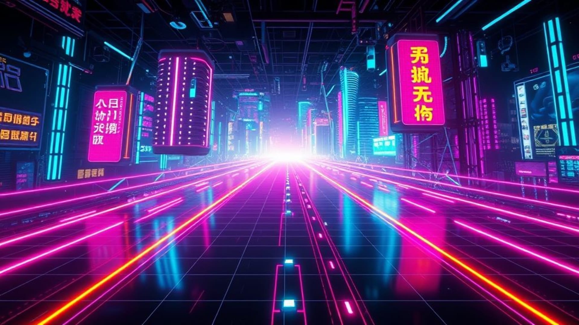 Papier-peint de jeu vidéo futuriste cyberpunk hologrammes néon grille ambiance d'action numérique