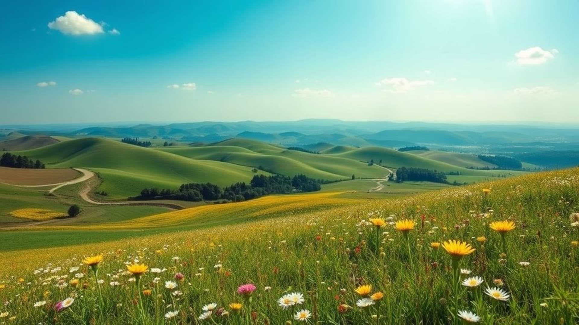 paysage panorama collines ondulantes champ fleurs sauvages journée ensoleillée fond d'écran lumineux