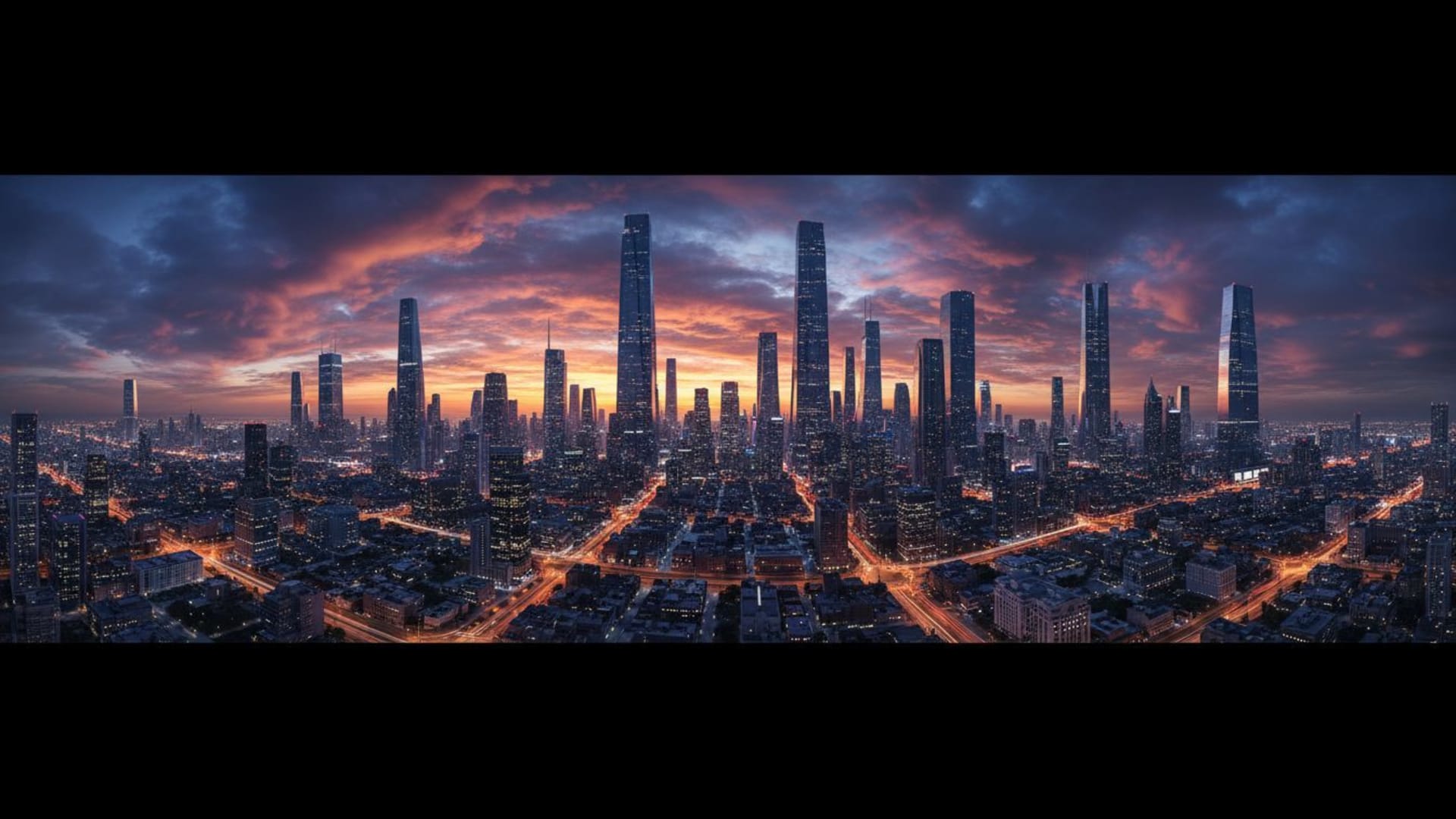 Panorama gigantesque du paysage urbain et de la ligne d'horizon dramatique, nuages au crépuscule, lampadaires et fond d'écran nocturne.