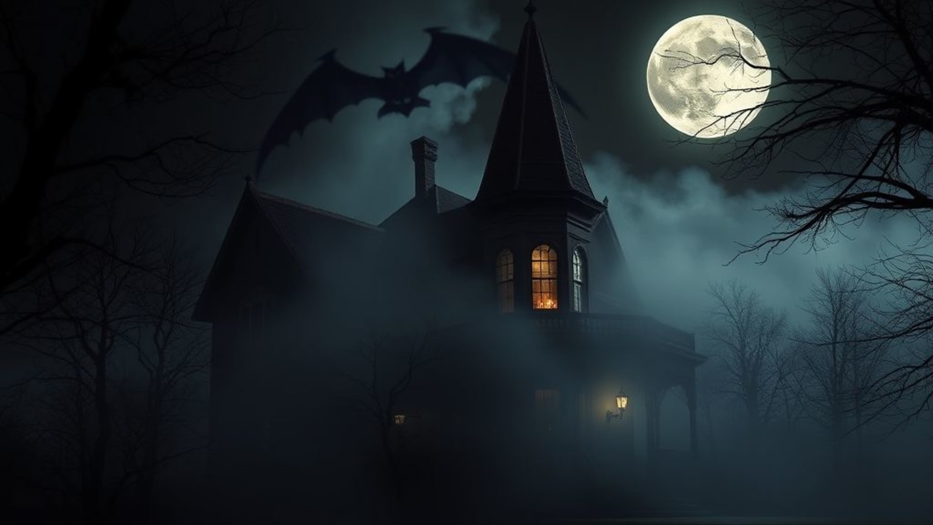 Halloween effrayant brouillard inquiétant demeure hantée clair de lune fond ecran sombre gothique