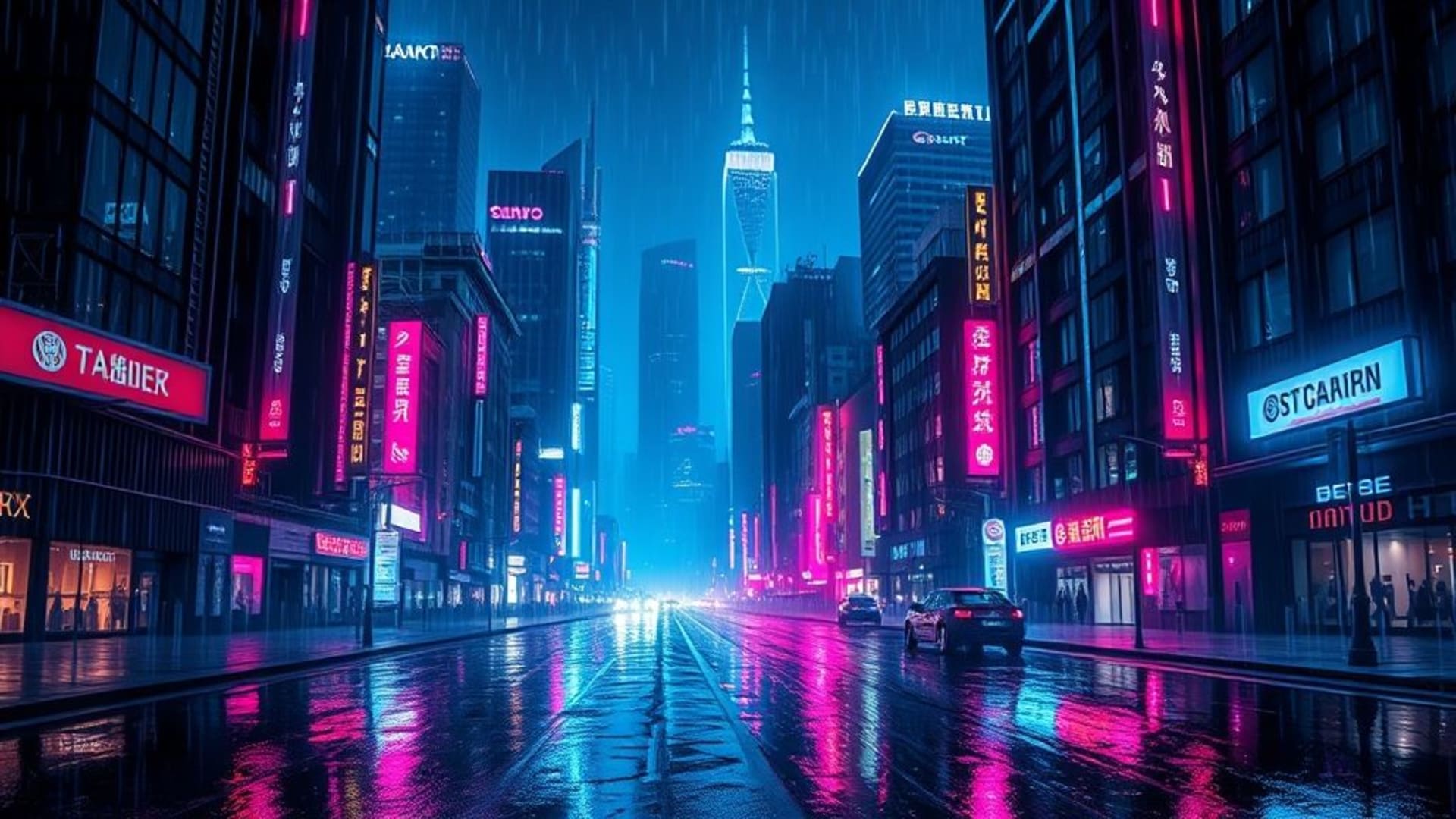 Paysage urbain cyberpunk neon pluvieux reflets futuristes fond d'écran ville nuit vecteur