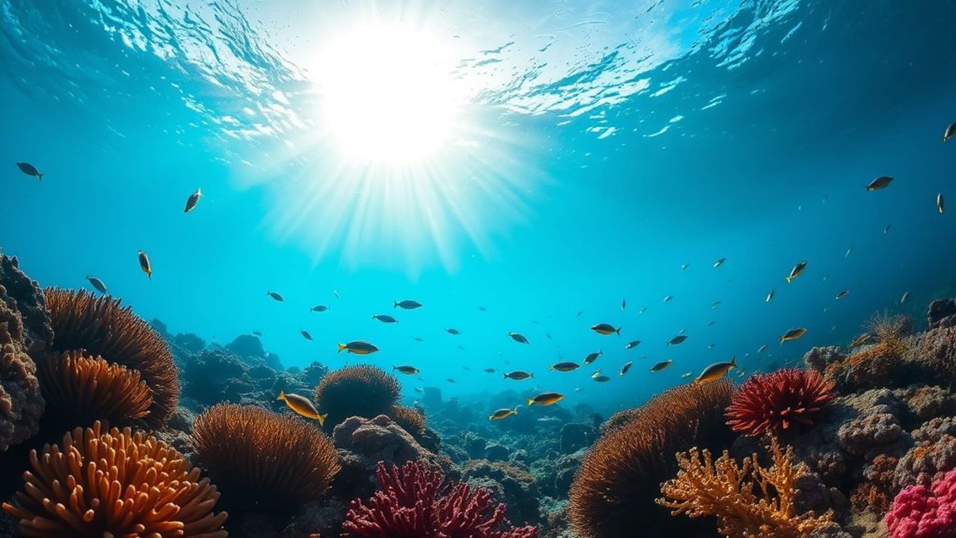 Falaise de corail sous-marine de l'océan poissons rayons de soleil fond ecran tropical paisible