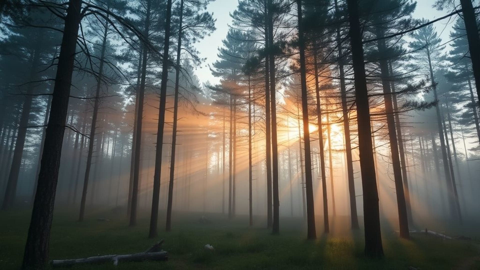 Brouillard de forêt aube rayons de soleil grands arbres paysage tranquille nature