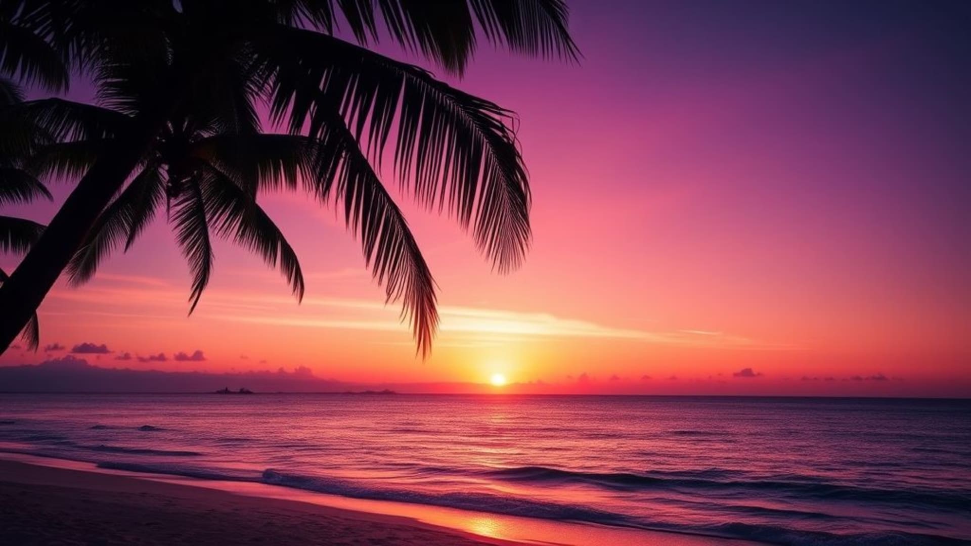 Plage au coucher du soleil avec des palmiers, océan, horizon, dégradé, fond ecran tropical, sensation de tranquillité