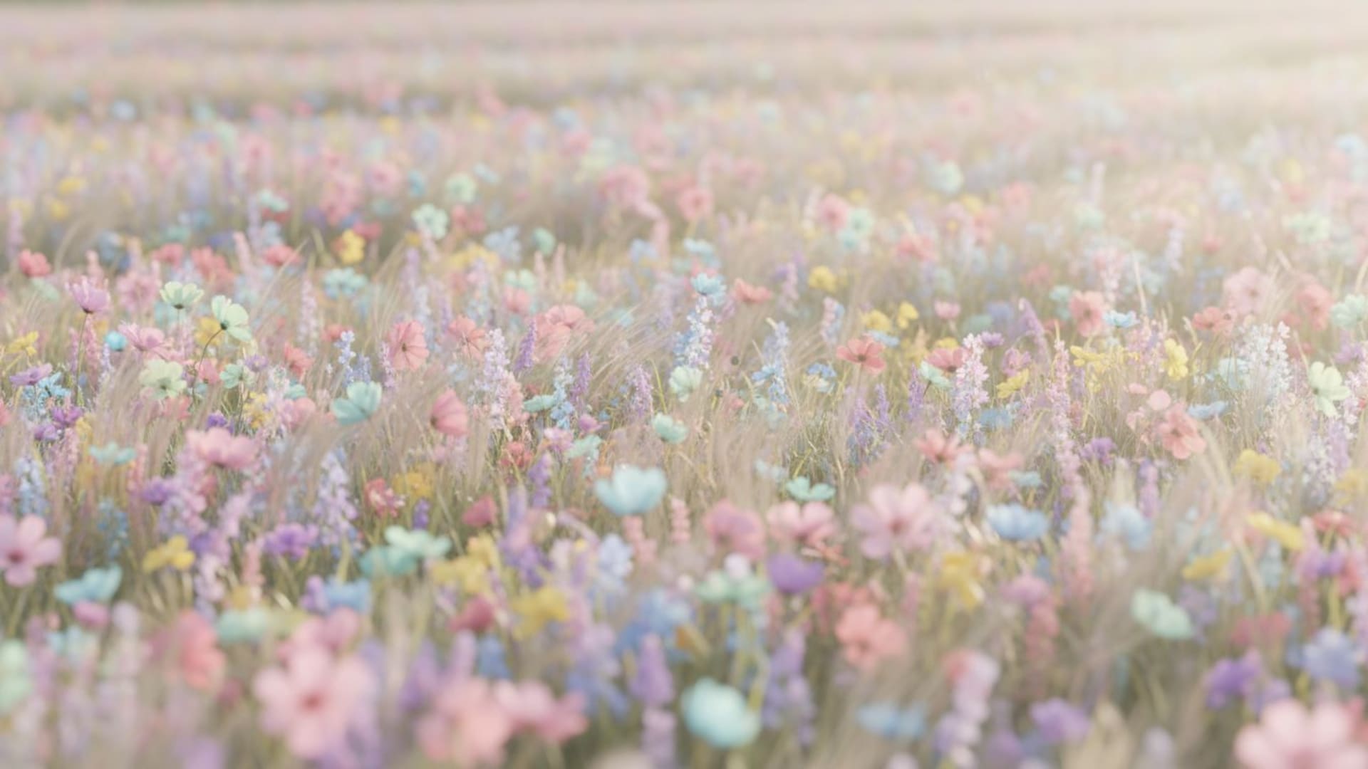 Prairie fleurie et fleurs sauvages, soleil, brise, flou doux, fond ecran pastel, rêve
