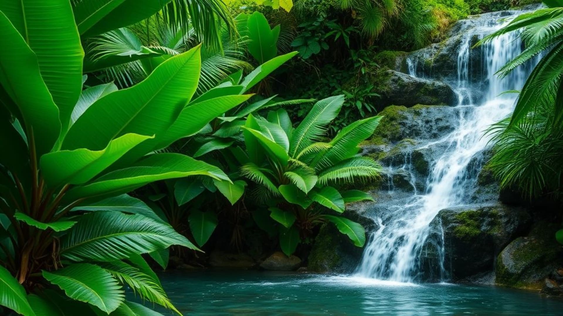 Forêt tropicale luxuriante feuilles vertes, cascade, fond ecran frais, vive texture