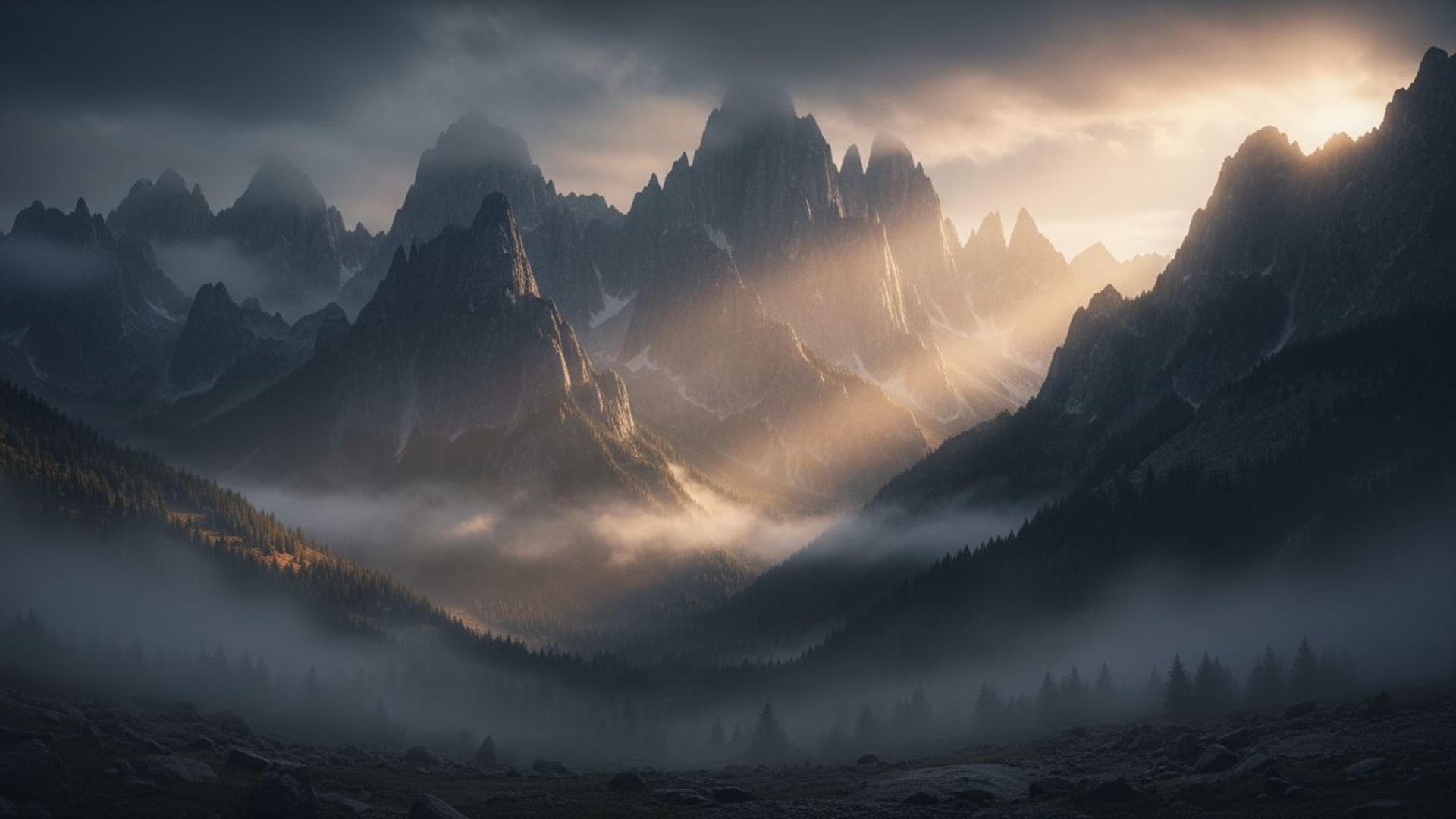Éclairage cinématographique dramatique, brume et brouillard, montagnes dramatiques, fond ecran, fond d'écran, contraste élevé.