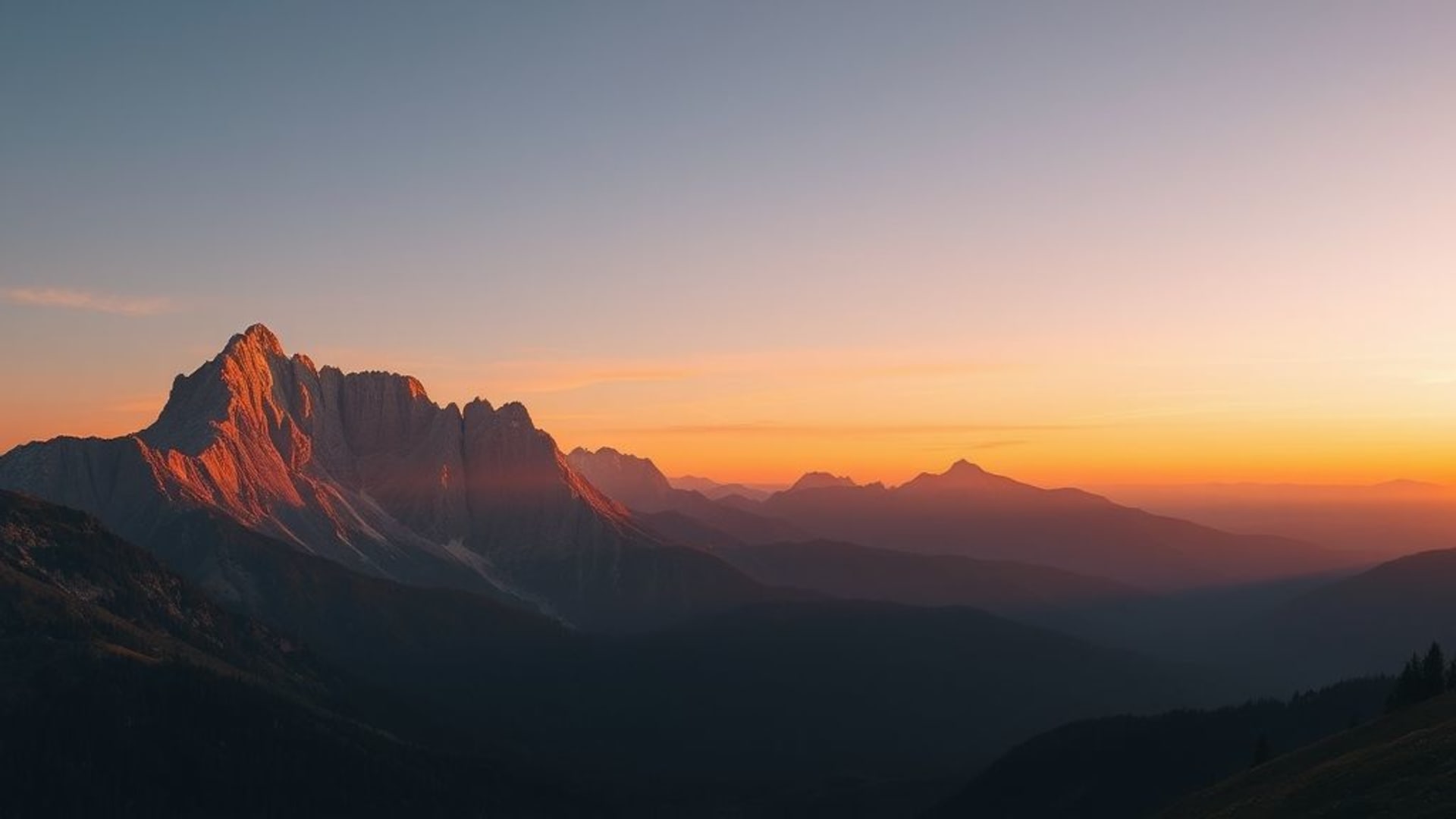 Lever de soleil en montagne paysage naturel photoréaliste dégradé lumière douce 4K ultra-grand-angle haute résolution fond d'écran