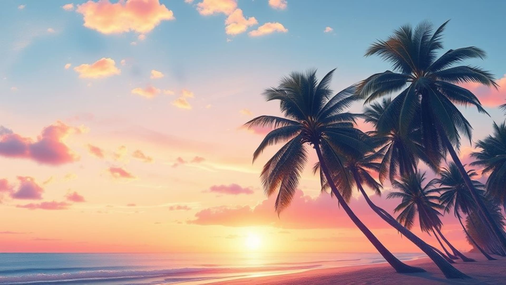 coucher de soleil tropical sur une plage, palmiers, aquarelle pastel apaisante, côte, fond ecran