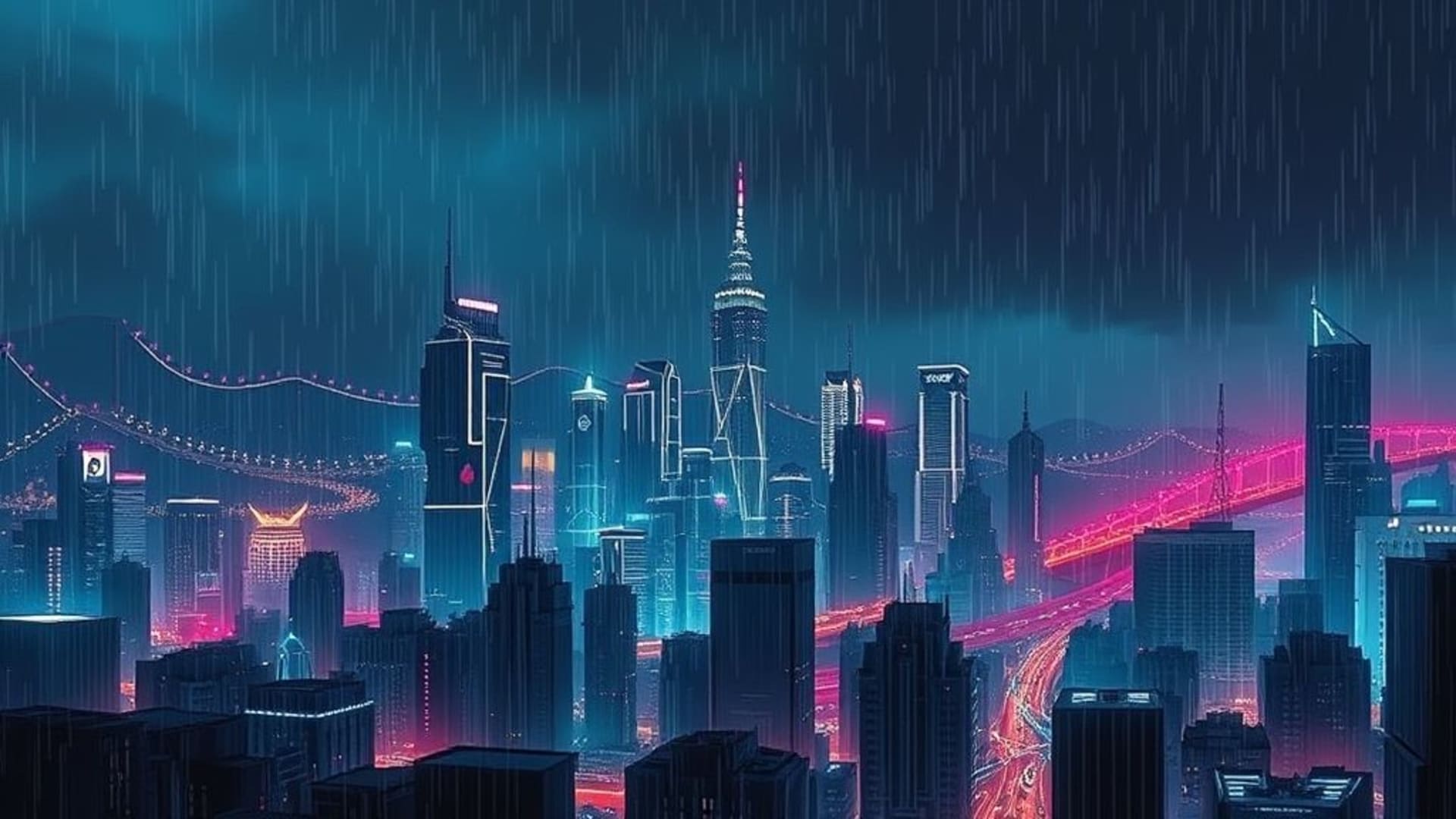 paysage urbain cyberpunk avec néons pluie futuriste horizon sombre fond d'écran nuit ville
