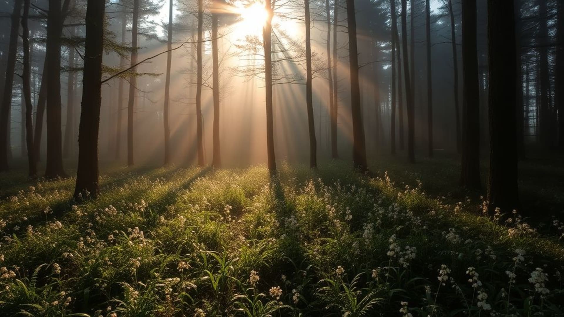 Brume de forêt rosée rosée du matin rayons de soleil forêt nature fond ecran serein