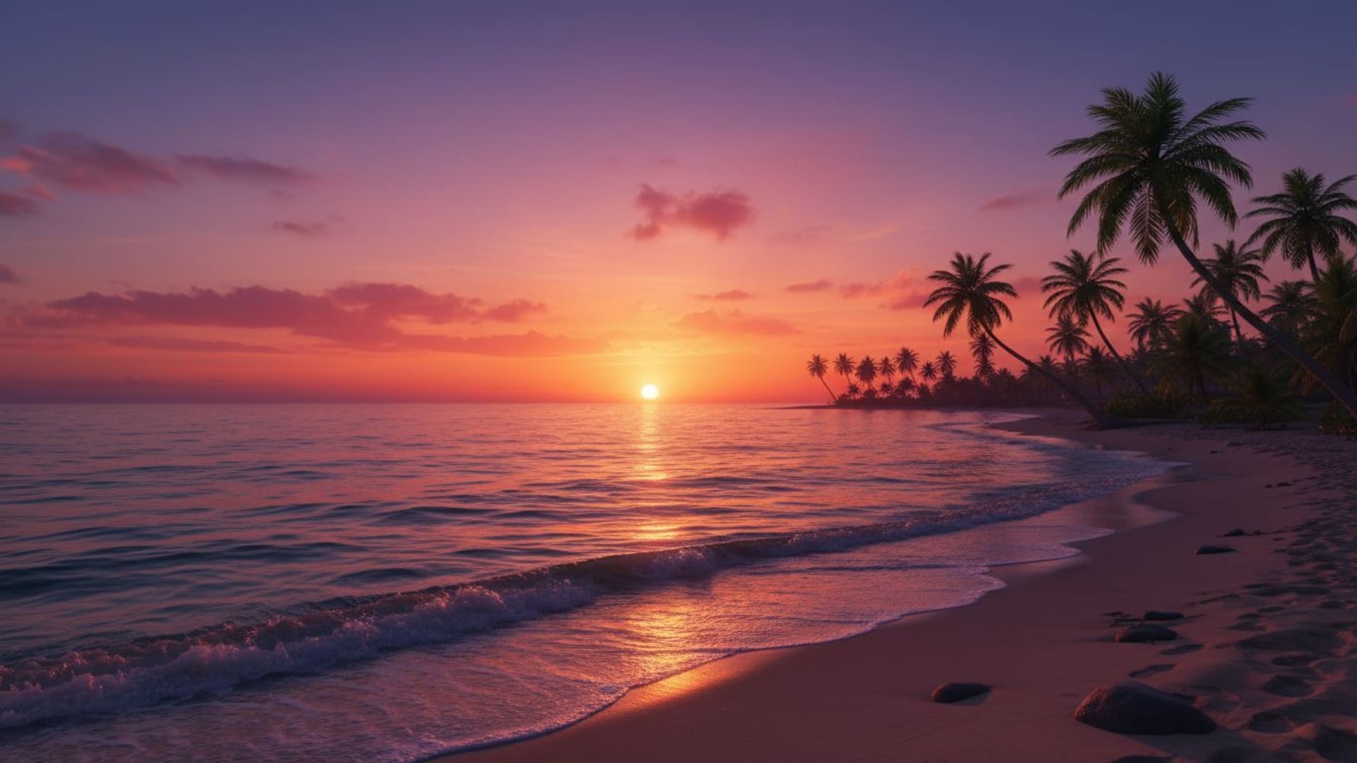 ciel en dégradé de coucher de soleil, océan, vagues, palmiers, paisible, fond d'écran de bureau 4K Ultra HD apaisant
