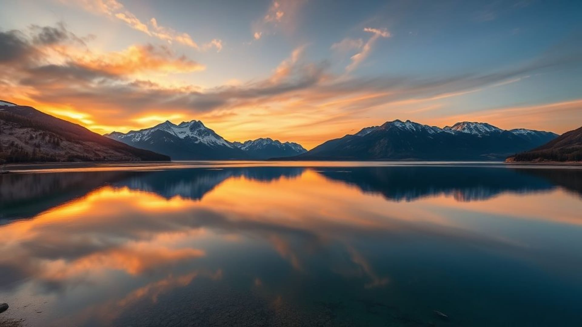 montagnes lac reflet paysage fond ecran panorama coucher de soleil calme haute résolution 4K