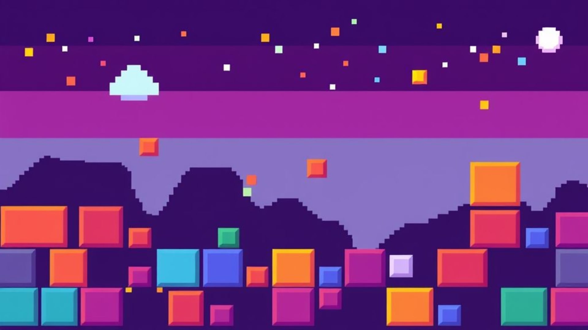 fond ecran style jeu rétro en pixel art 8 bits blocs colorés vintage