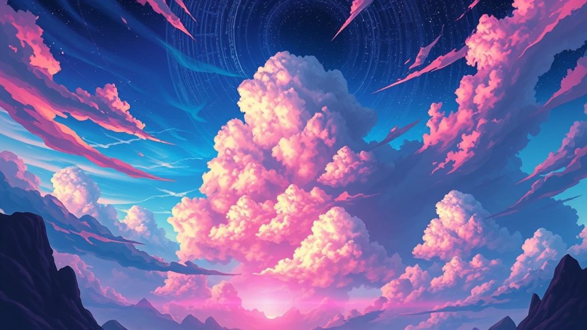 fond ecran de paysage de style anime paysage fantastique couleurs vives nuages dramatique