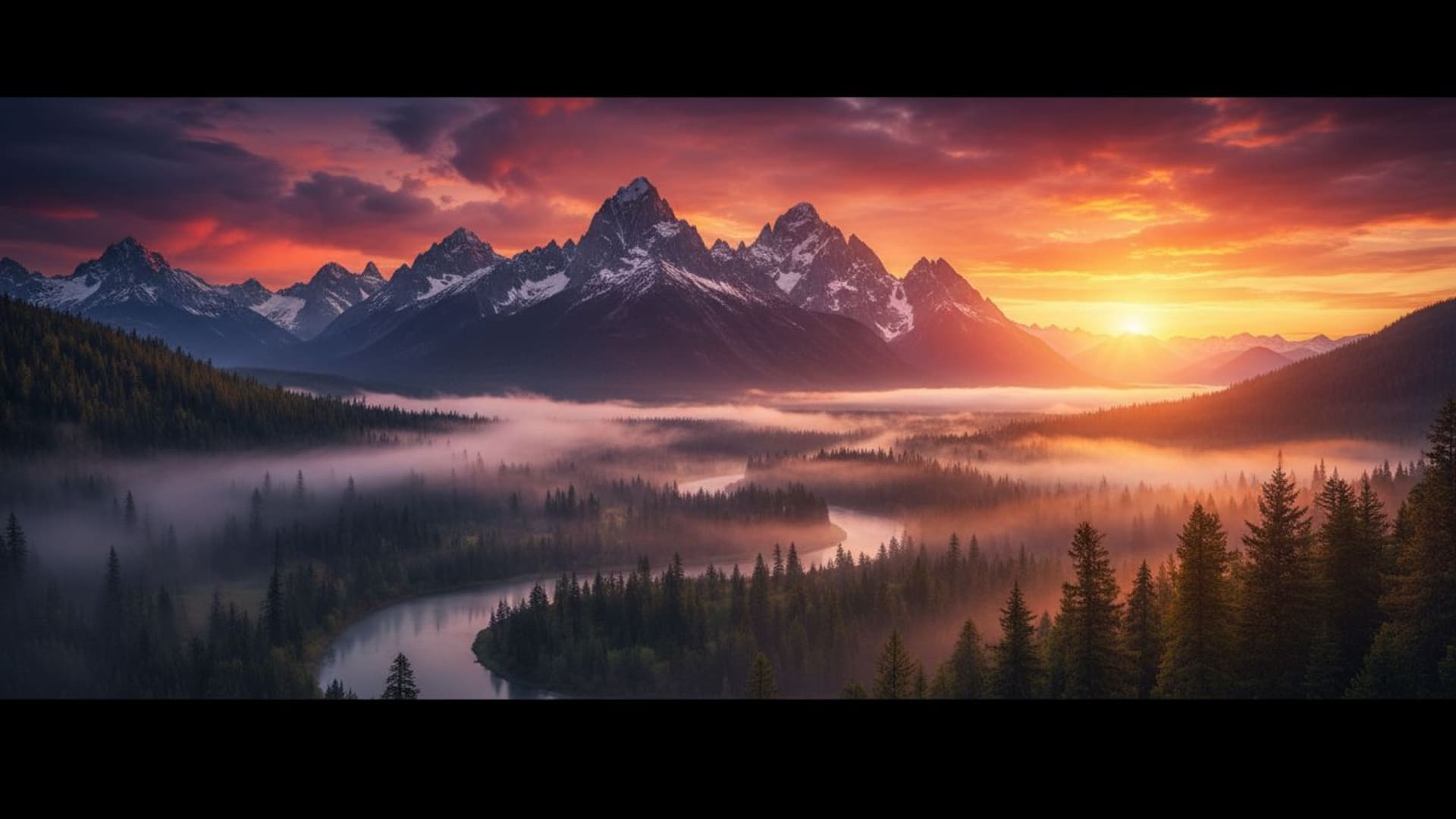 Montagnes lever du soleil brouillard forêt nature paysage ciel dramatique 8K écran large fond d'écran