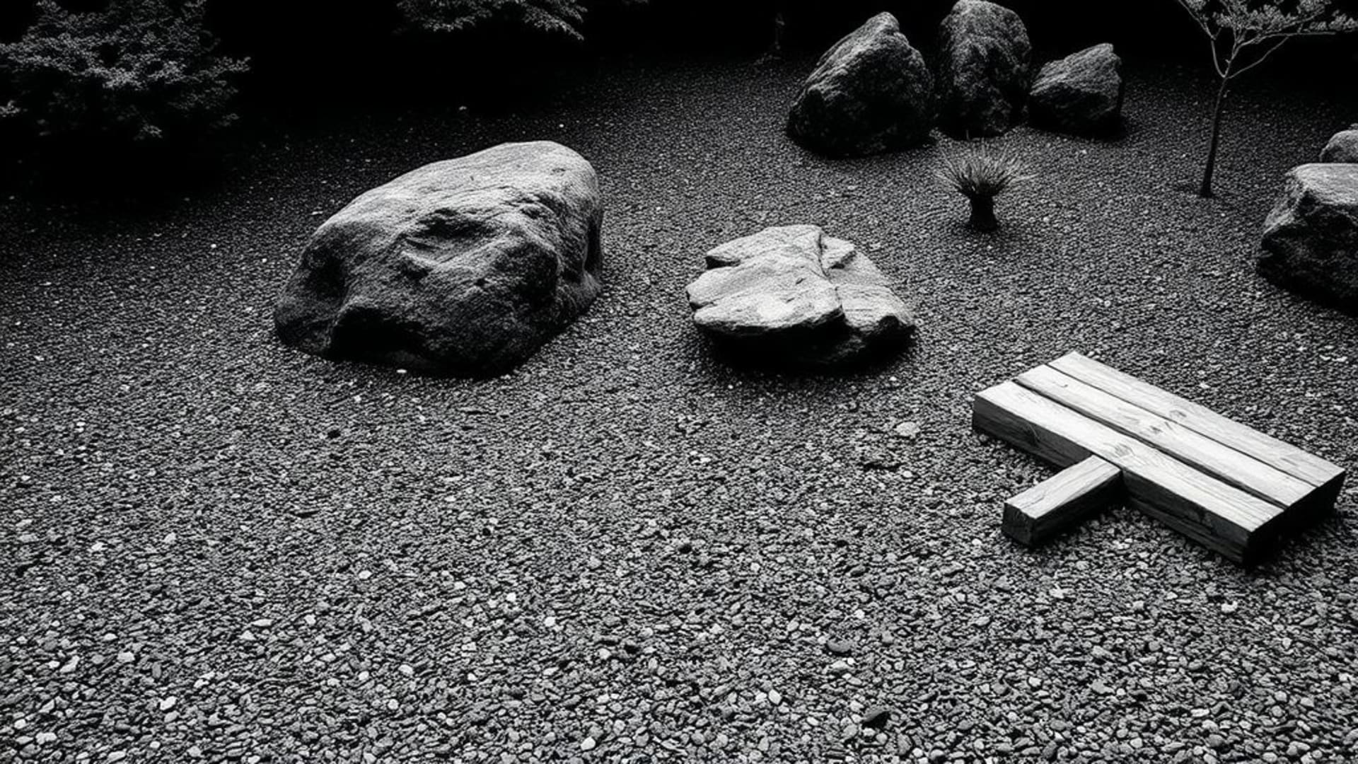 Motifs de gravier de jardin zen ratissés, fond ecran minimaliste monochrome, texture calme