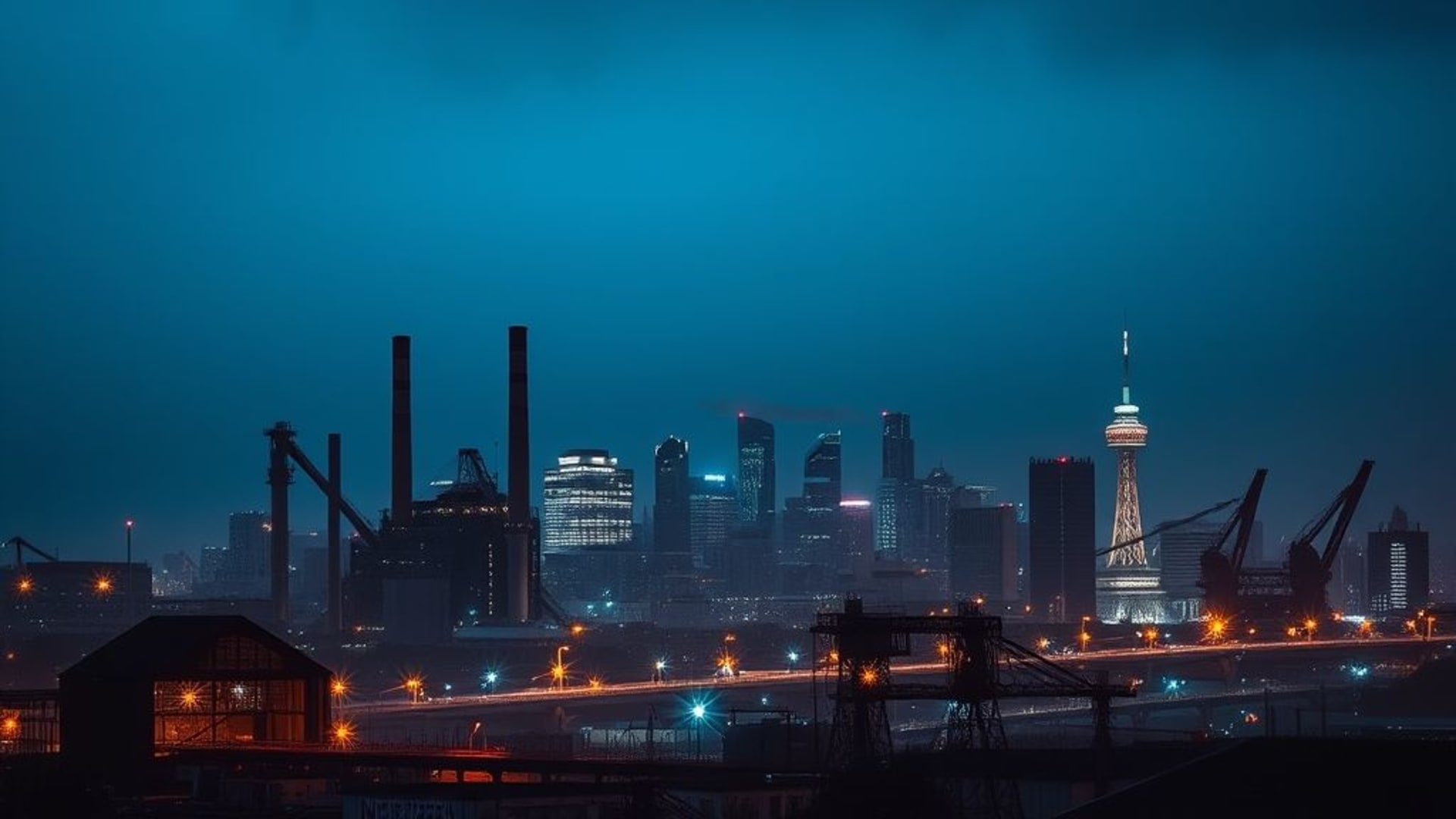 silhouette de la ligne d'horizon industrielle illuminée de nuit en ville avec des lumières et une ambiance urbaine dramatique bleue