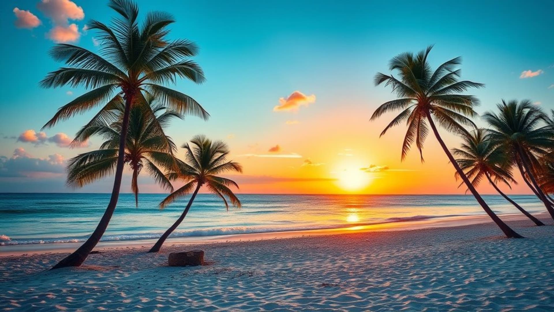 coucher de soleil tropical plage palmiers eau turquoise sable blanc mer calme brise marine couleurs vives nature fond ecran haute définition