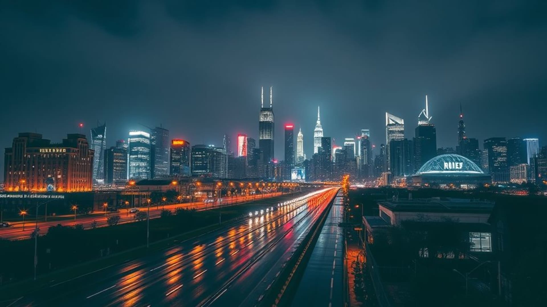 reflets des lumières nocturnes de la skyline de la ville sur des rues pluvieuses paysage urbain architecture moderne horizon dramatique fond d'écran 4k