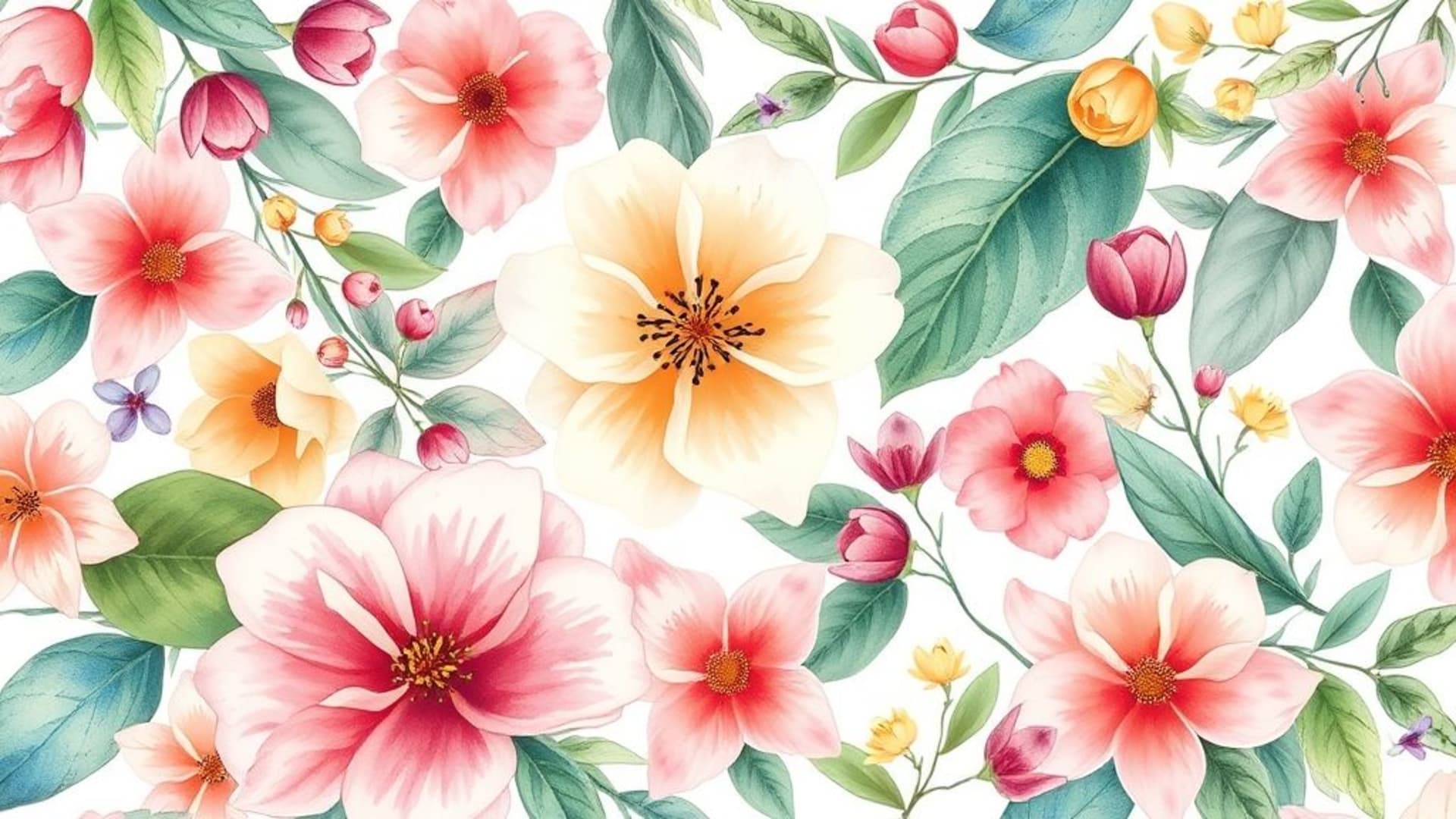 Fleurs botanique aquarelle pétales feuilles printemps jardin couleurs vives fond doux fond ecran design élégant féminin