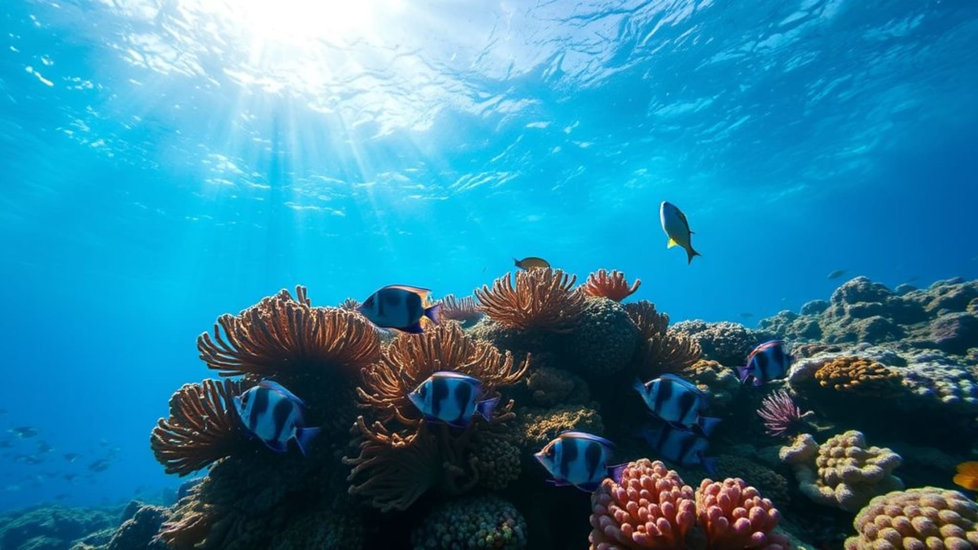 Poisson de récif corallien sous-marin océan tropical eau bleue rayons de soleil vie du récif fond d'écran 4k
