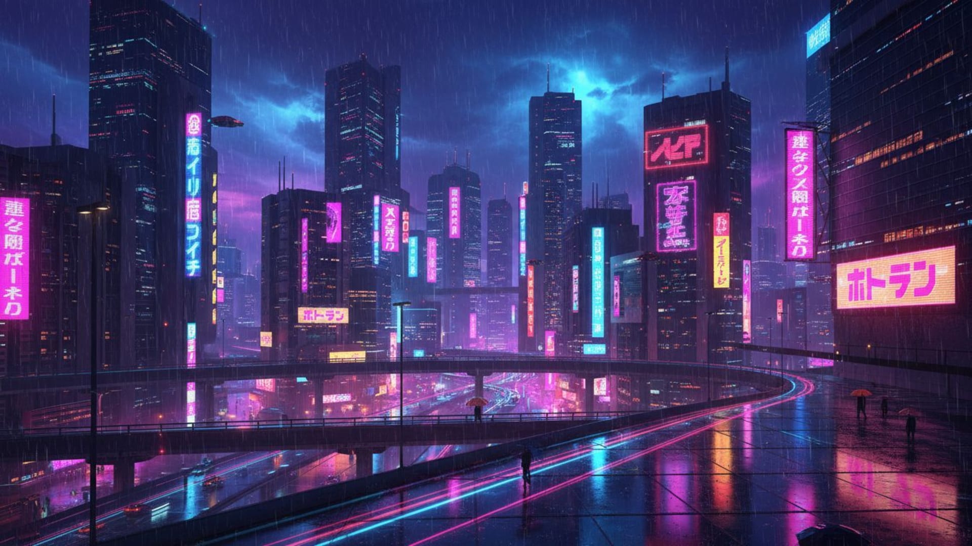 Ville cyberpunk nocturne avec pluie de néons et reflets, horizon futuriste et fond d'écran synthwave.