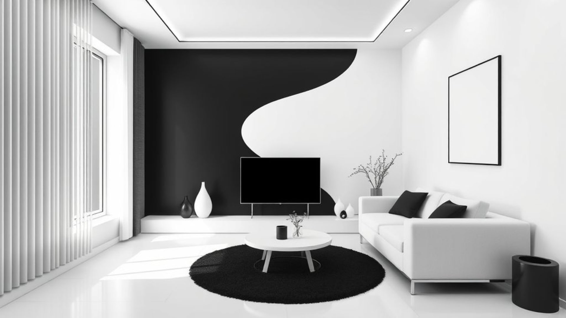 Design d'intérieur moderne avec un minimalisme noir et blanc, lignes épurées, espace négatif, formes simples, monochrome et fond ecran.