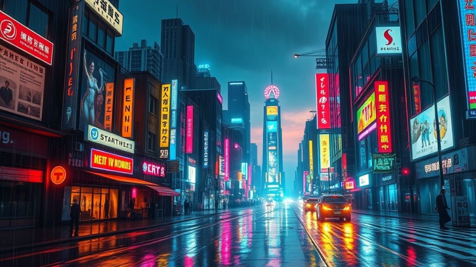 ville cyberpunk néon lumières vibrantes rues trempées de pluie horizon futuriste coucher de soleil fond d'écran 4k