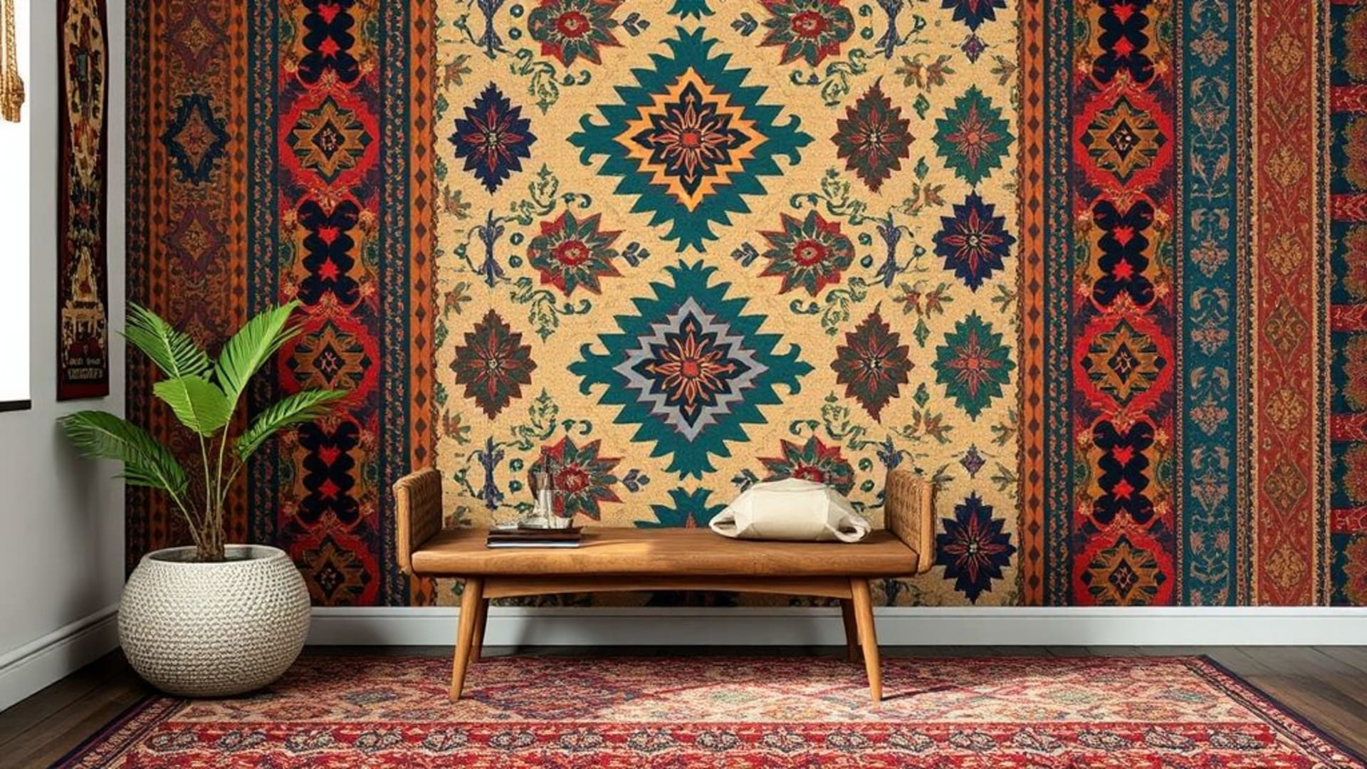 Tissus tissés motifs kilim damas tribaux bohème chic fond ecran couleurs éclectiques textures riches