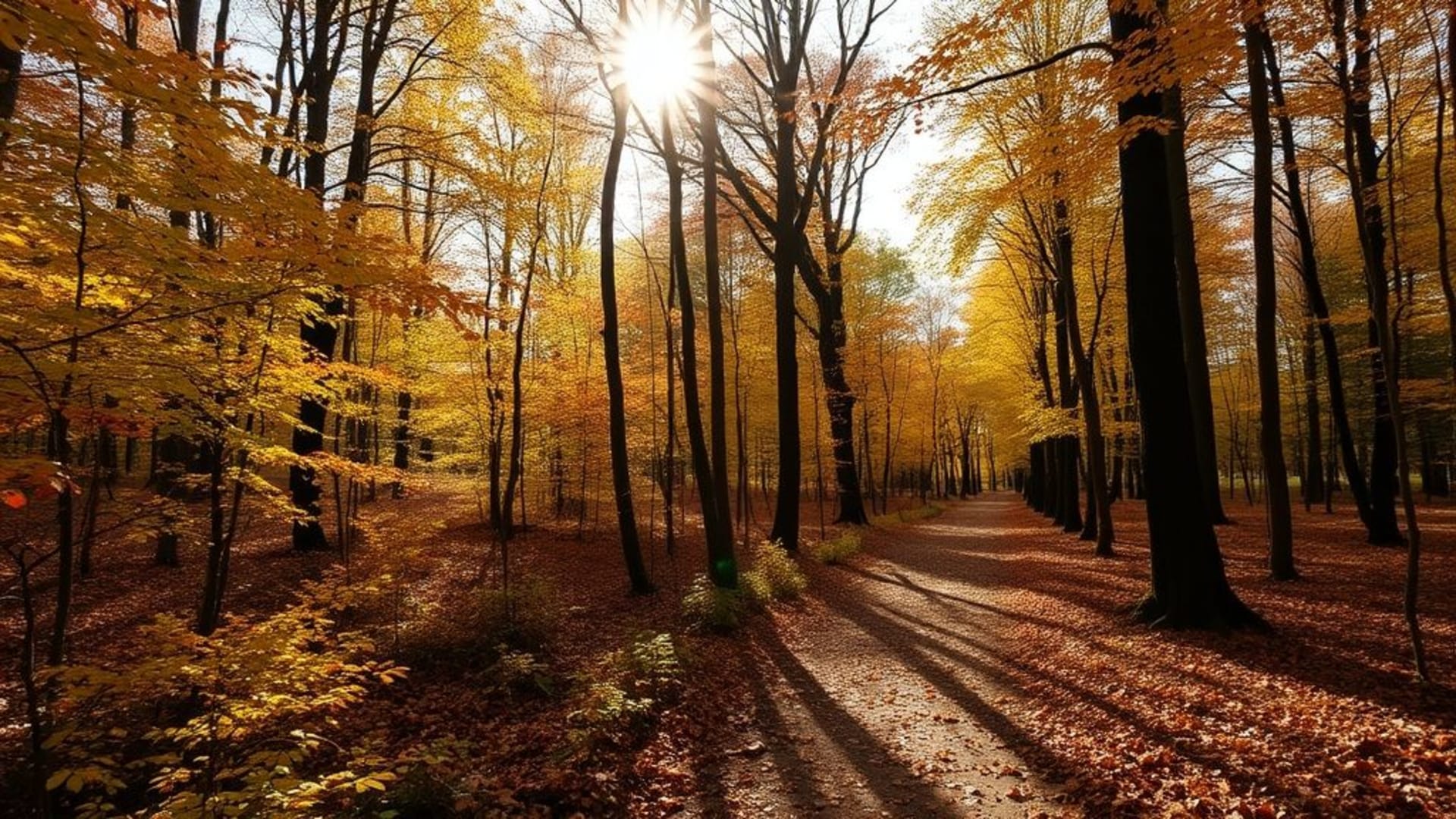 Sentier forestier feuilles d'automne soleil chaud brise douce randonnée vagabonder explorer nature fond ecran ambiance chaleureuse