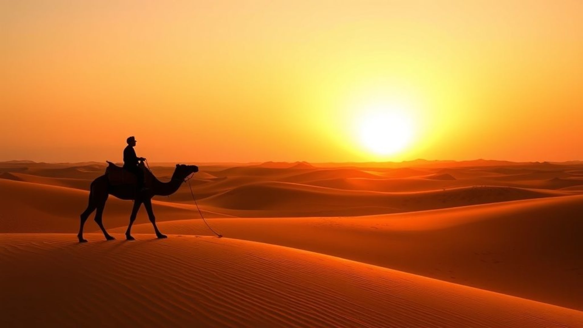 Dunes désertiques coucher de soleil silhouette caravane de chameaux horizon tons chauds paysage aride onirique