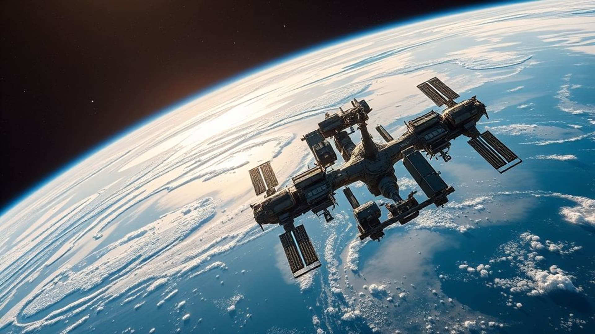 station spatiale orbitant la planète Terre vue d'en haut fond d'écran réaliste détails macro exploration spatiale
