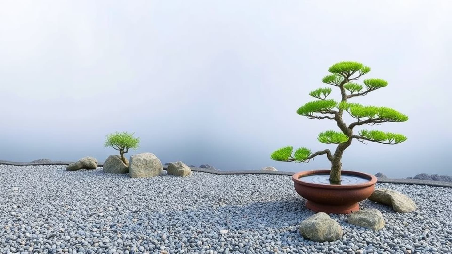 jardin zen gravier rochers bonsaï érable eau fontaine calme tranquillité fond ecran minimalisme espace méditation sérénité