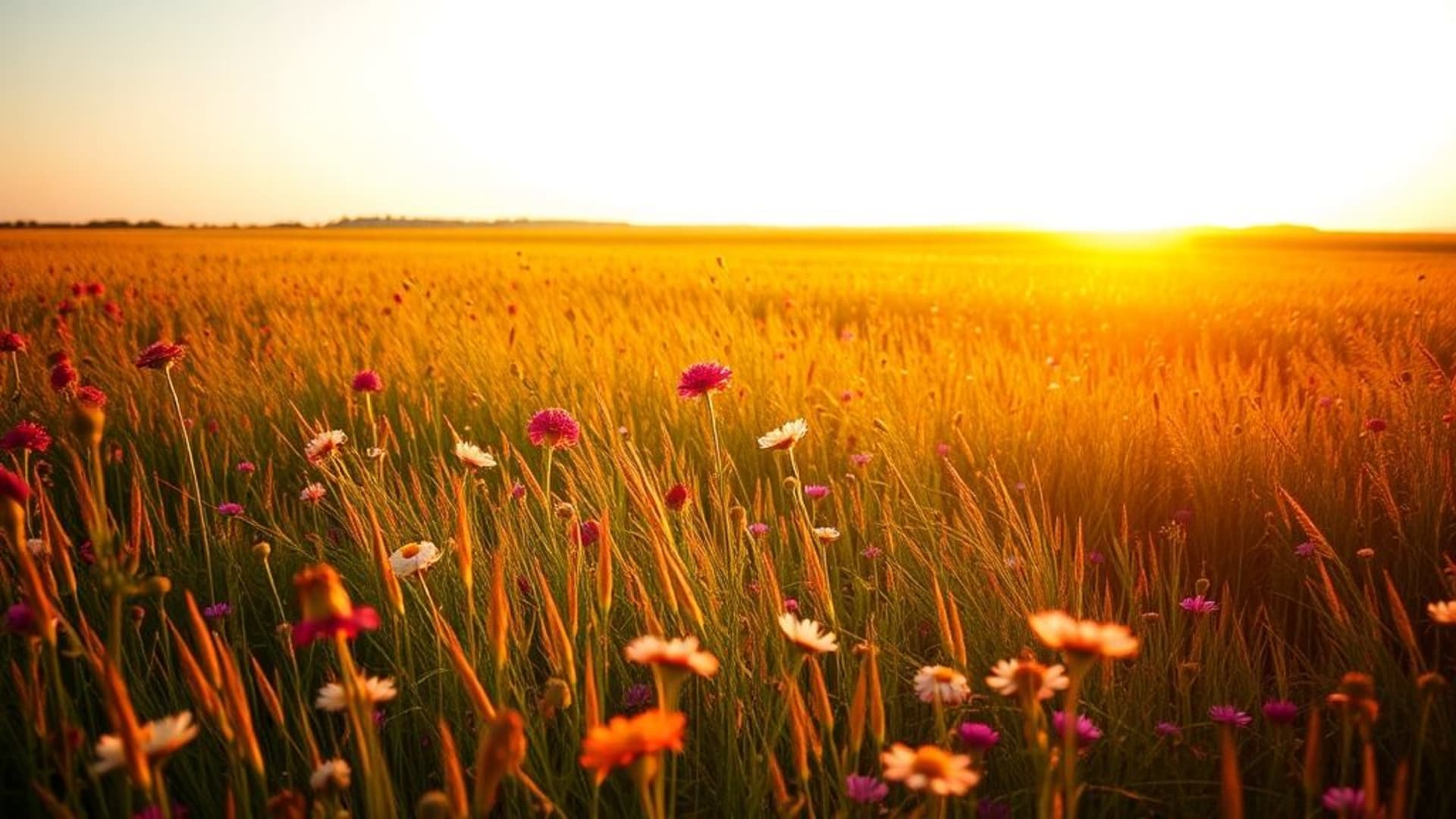champ de fleurs sauvages brise d'été éclairage cinématographique heure dorée fond ecran paysage vaste digne d'Instagram