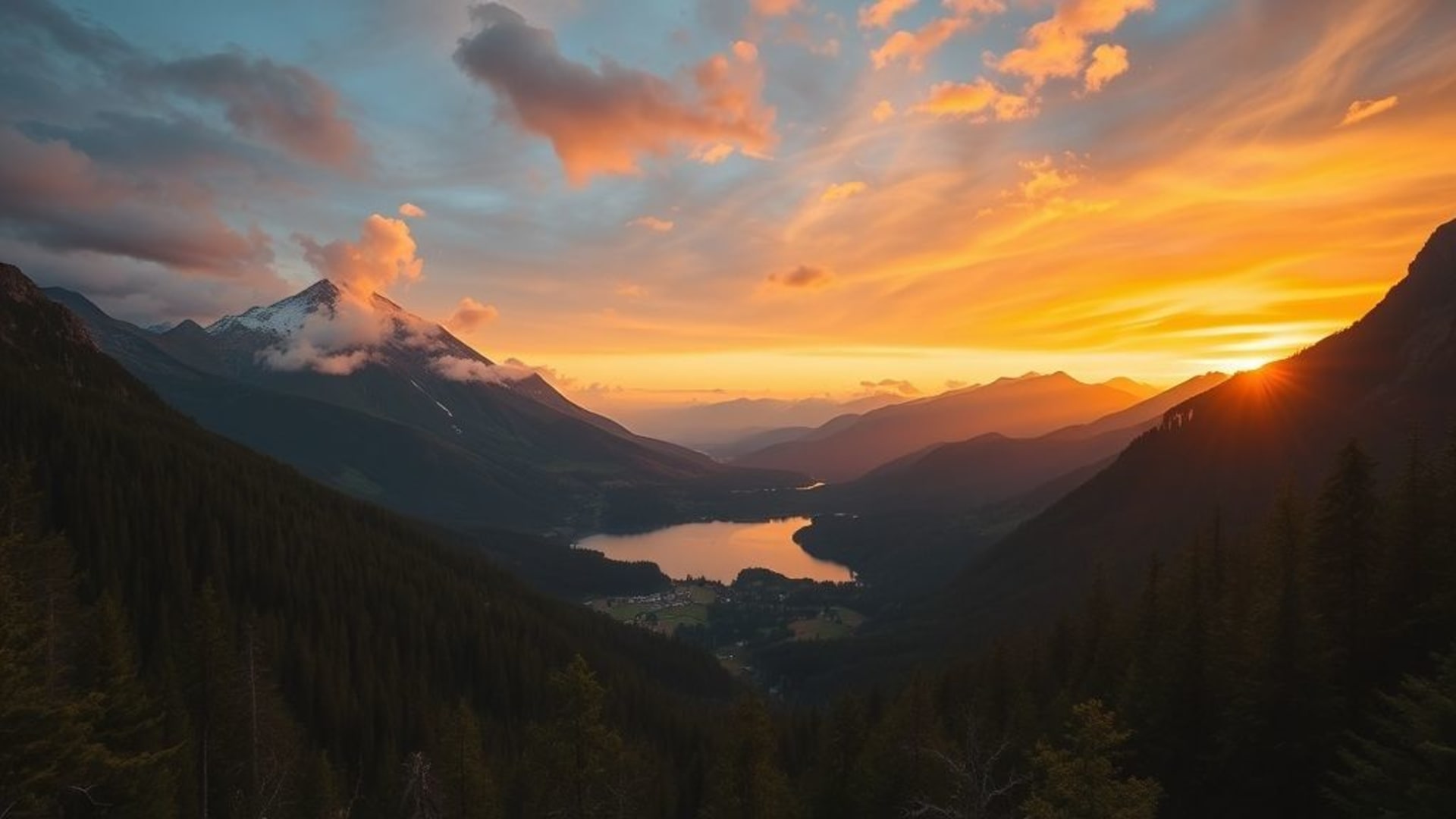 nature, paysage, montagne, vallée, forêt, lac, lever de soleil, coucher de soleil, ciel, nuages, nature sauvage, haute résolution, fond d'écran de bureau, 4K, ultra-large, photoréaliste, serein